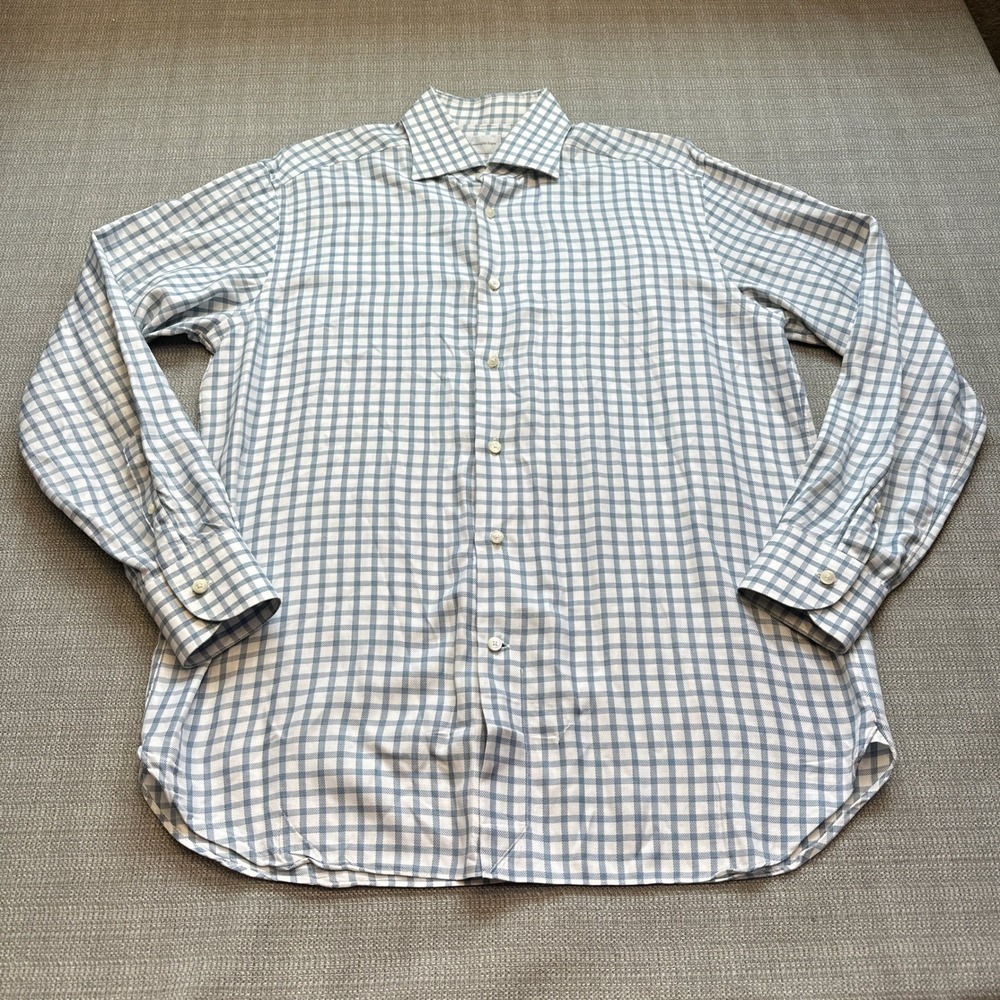 Ermenegildo‎ Zegna Shirt Mens 16 / 41 Blue Plaid Regular Fit Dress Button Up